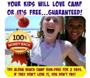 Two female campers, each 11 years old, with loads of sunscreen all over their bodies and sticking their tongues out while promoting Aloha Beach Camp's 100% money-back  guarantee for the 2024 summer camp season.