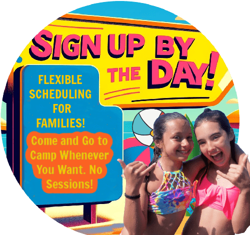 Two girls at Aloha Beach Camp with a sign behind them featuring the camp's day by day enrollment format